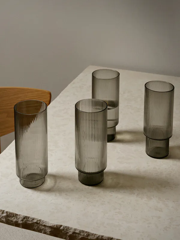 Ferm Living Ripple Long Glass (set of 4) Smoked Grey Grå