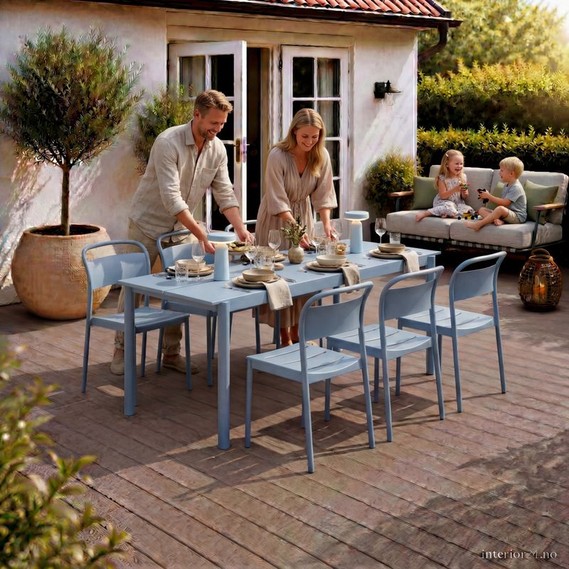 Muuto Spisegruppe Linear Steel Pale Blue Table 200 cm 6 x linear steel sidechair, Blå Hagemøbel utemøbel